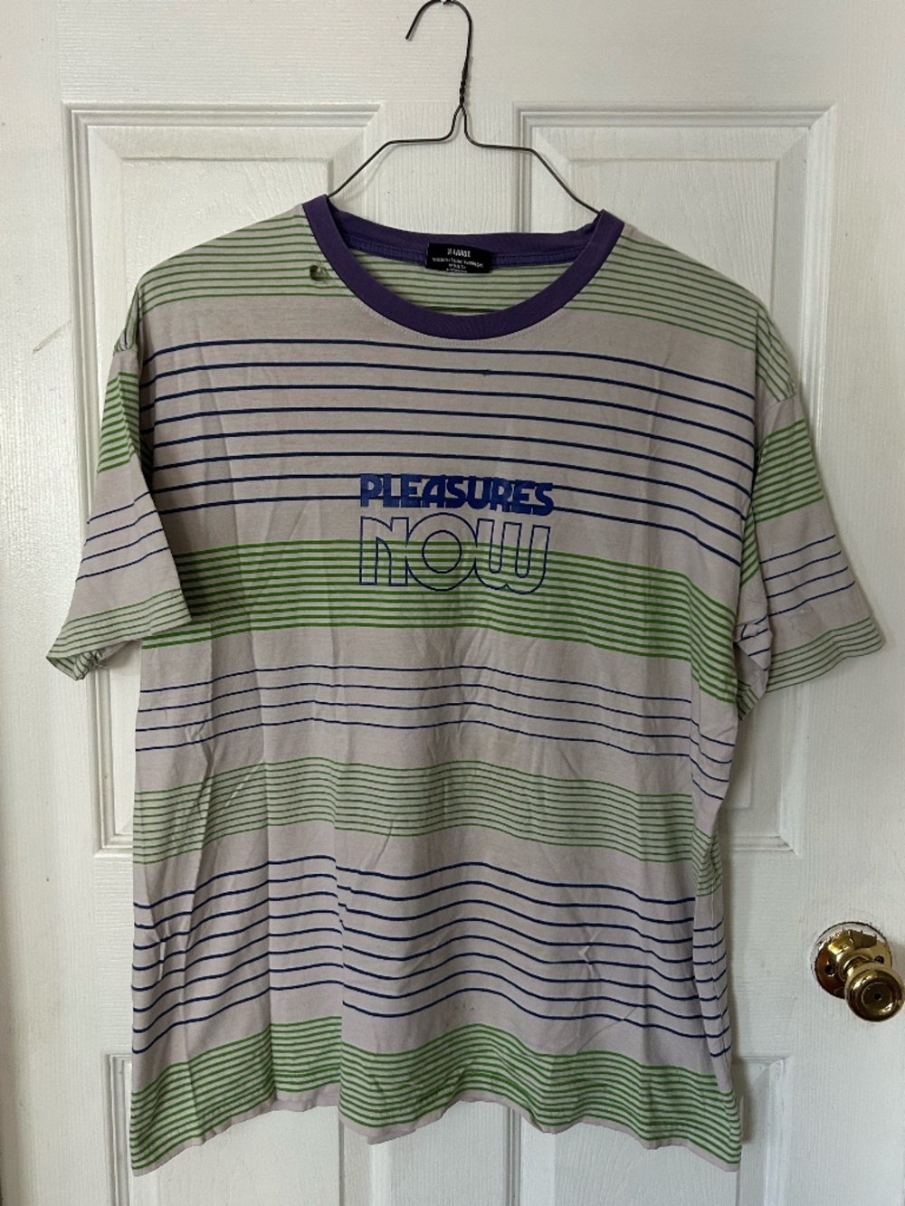Pleasures Now Men's XL Striped Ringer T-Shirt Purple Green Blue Distressed